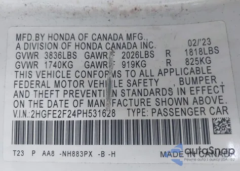2023 Honda Civic Lx from USA, damaged, VIN 2HGFE2F24PH531628